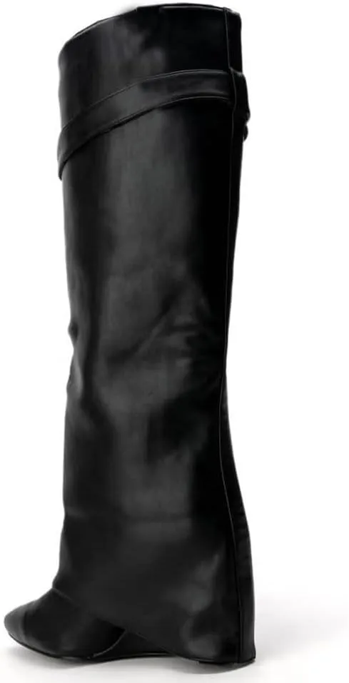 Arqa Fold Over Wedge Boots for Women Faux Crocodile Pattern Knee High Boot with Rivet Buckle Wide Calf Fall Shoes