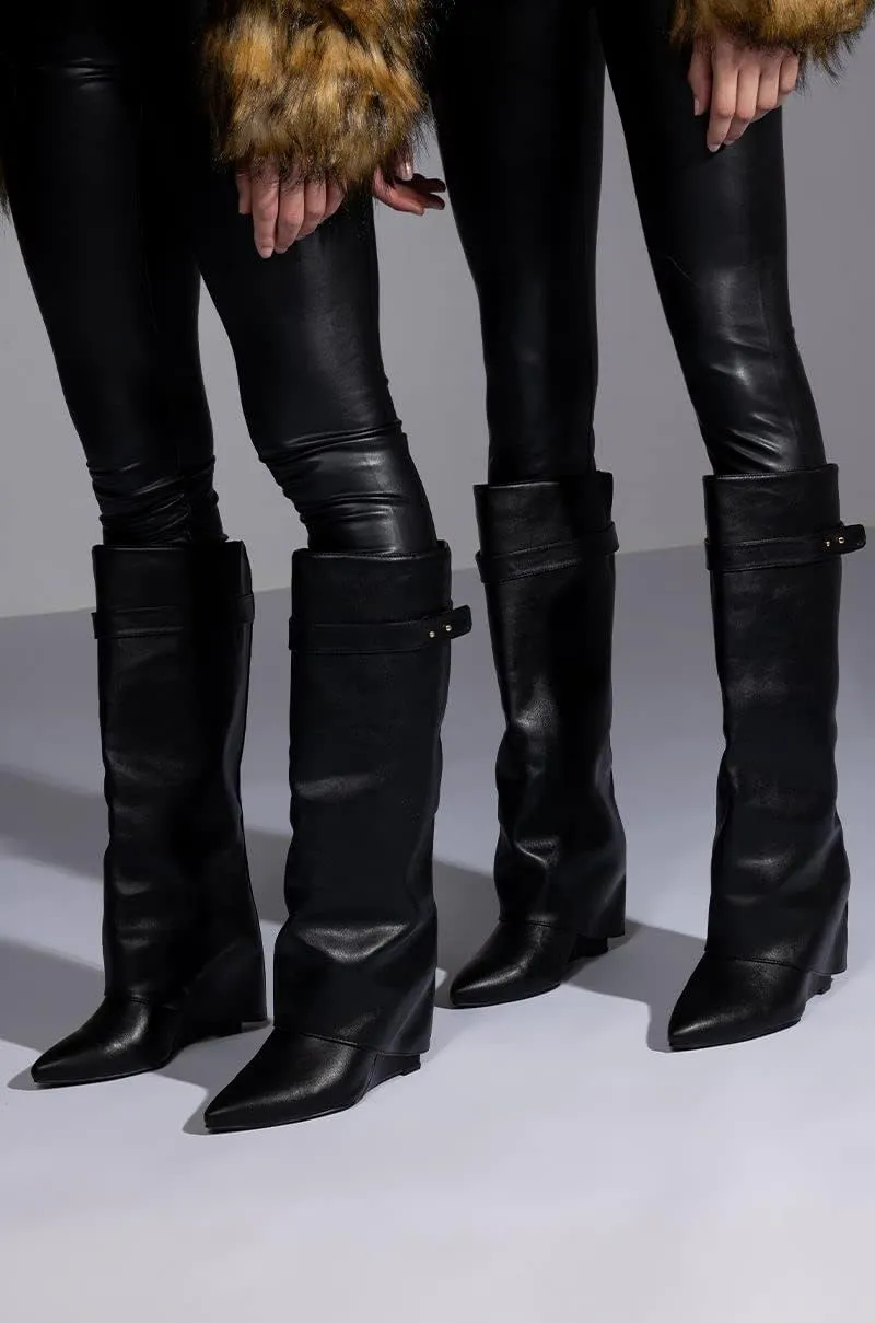 Arqa Fold Over Wedge Boots for Women Faux Crocodile Pattern Knee High Boot with Rivet Buckle Wide Calf Fall Shoes