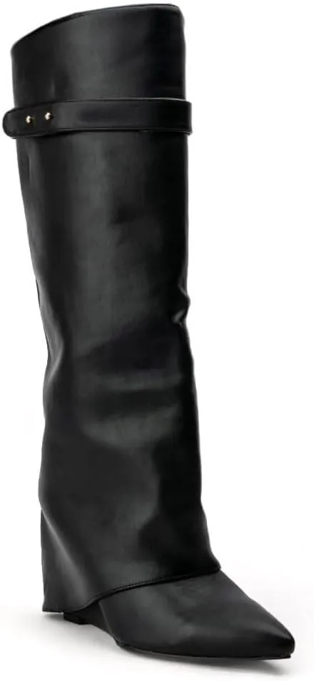 Arqa Fold Over Wedge Boots for Women Faux Crocodile Pattern Knee High Boot with Rivet Buckle Wide Calf Fall Shoes