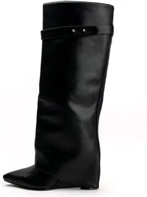 Arqa Fold Over Wedge Boots for Women Faux Crocodile Pattern Knee High Boot with Rivet Buckle Wide Calf Fall Shoes
