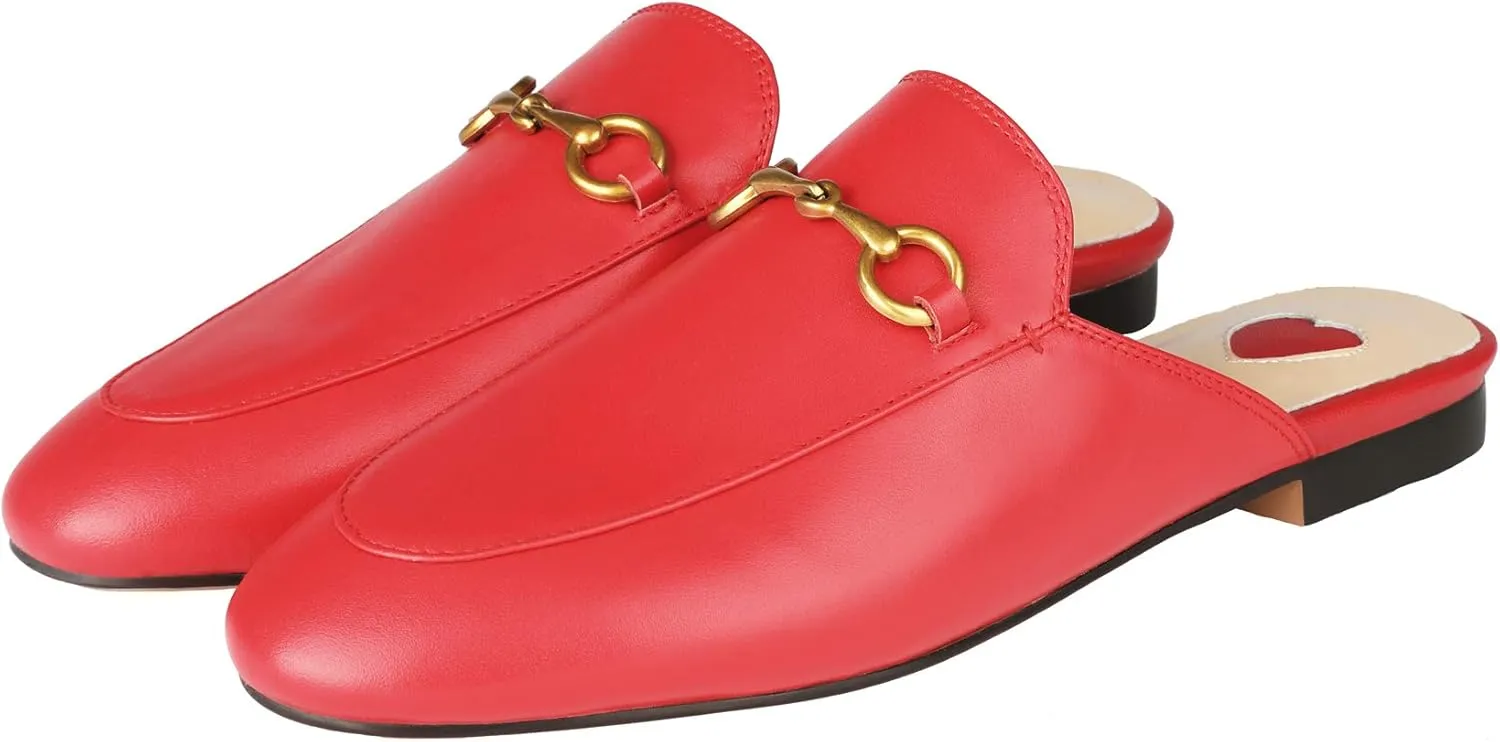 Arqa Mules for Women Almond Toe Leather Flats Slip-on Comfort Backless Loafers Buckle Mule Shoes