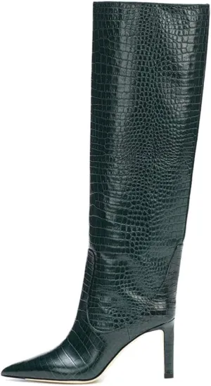 Arqa Women's Stiletto High Heel Knee High Boots Pointy Toe Faux Crocodile Print Boot Casual Dress Shoes