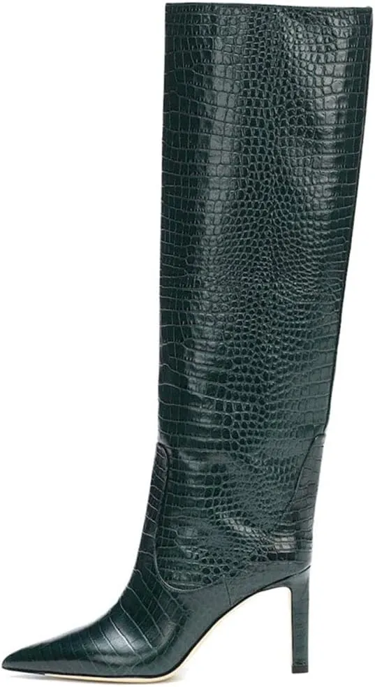 Arqa Women's Stiletto High Heel Knee High Boots Pointy Toe Faux Crocodile Print Boot Casual Dress Shoes