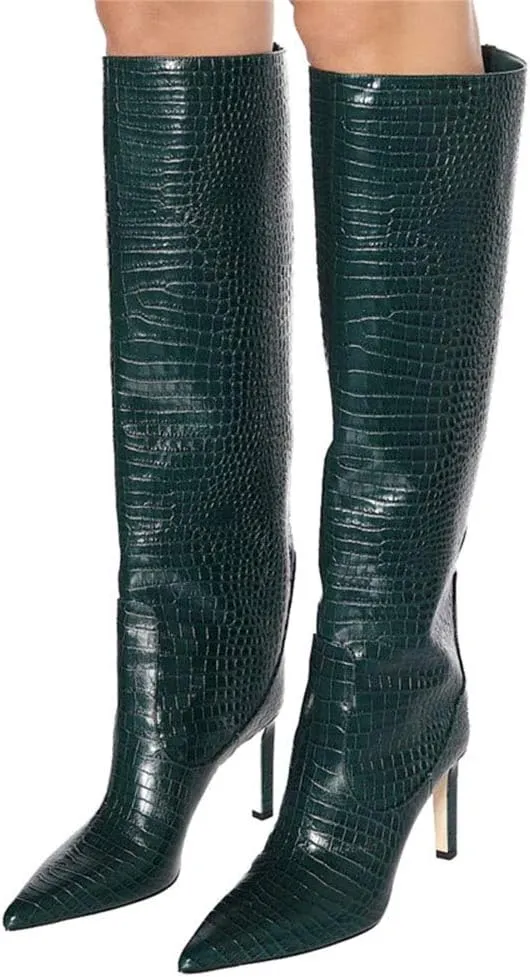 Arqa Women's Stiletto High Heel Knee High Boots Pointy Toe Faux Crocodile Print Boot Casual Dress Shoes