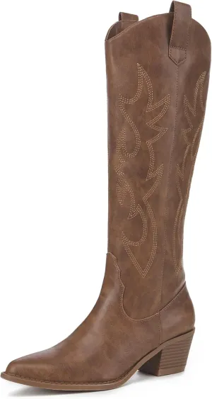 Athlefit Cowboy Boots For Women Knee High Pointed Toe Western Cowgirl Boots Chunky Heel Embroidery Fashion Fall Boots for Ladies