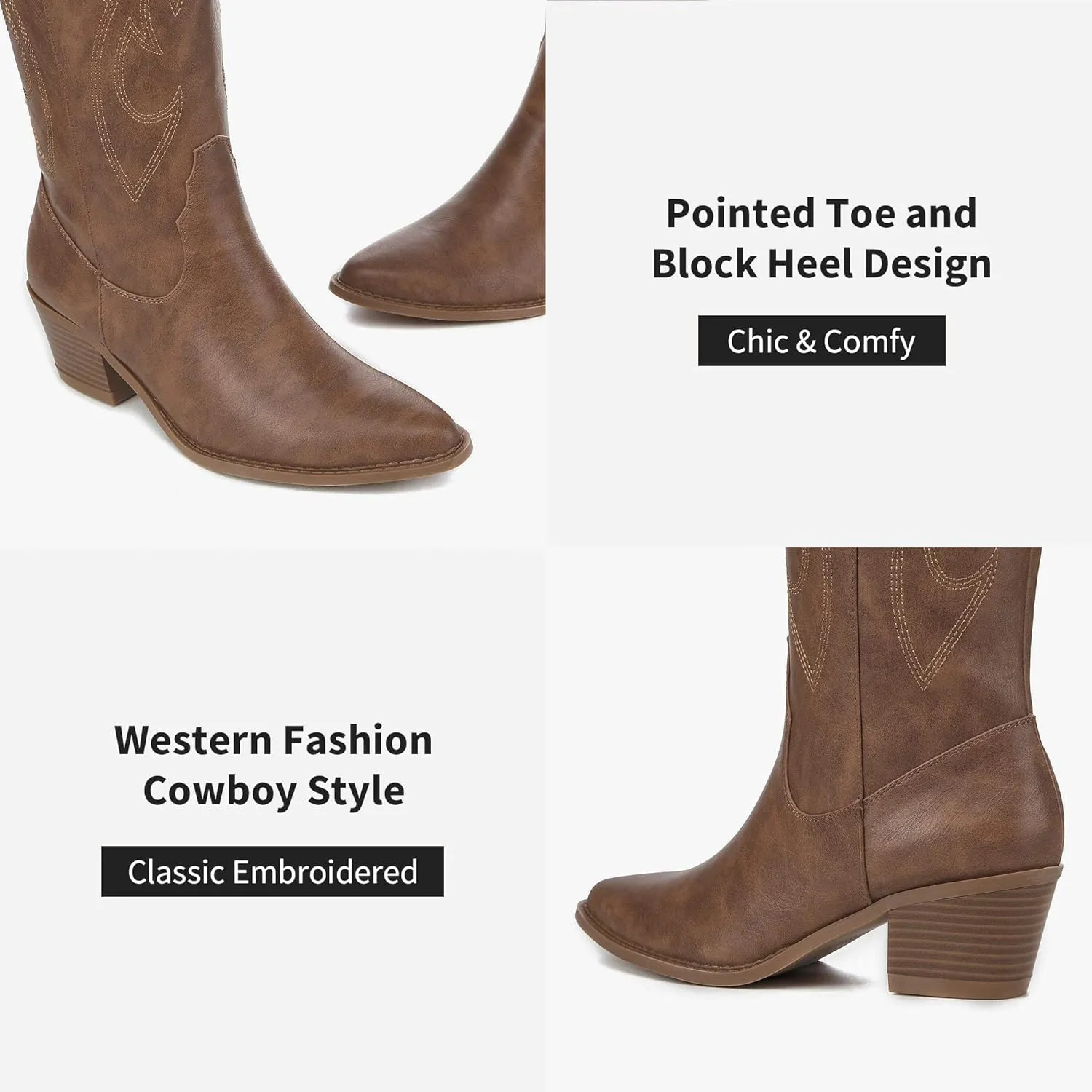 Athlefit Cowboy Boots For Women Knee High Pointed Toe Western Cowgirl Boots Chunky Heel Embroidery Fashion Fall Boots for Ladies