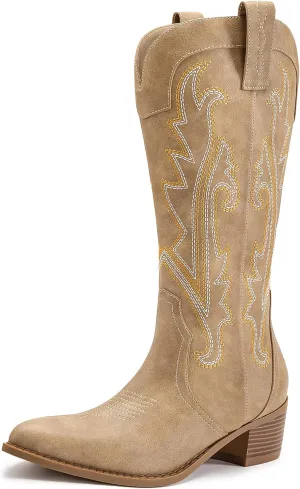 Athlefit Cowboy Boots for Women Western Cowgirl Boots Fashion Embroidered Pointed Toe Chunky Heel Mid Calf Boots