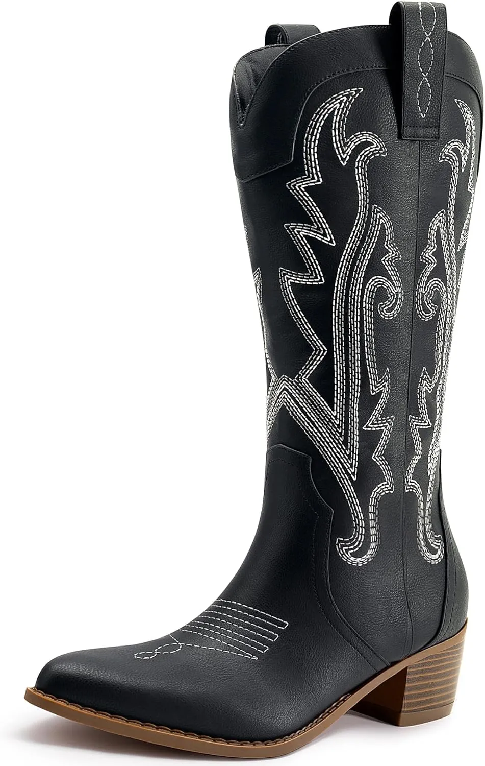 Athlefit Cowboy Boots for Women Western Cowgirl Boots Fashion Embroidered Pointed Toe Chunky Heel Mid Calf Boots