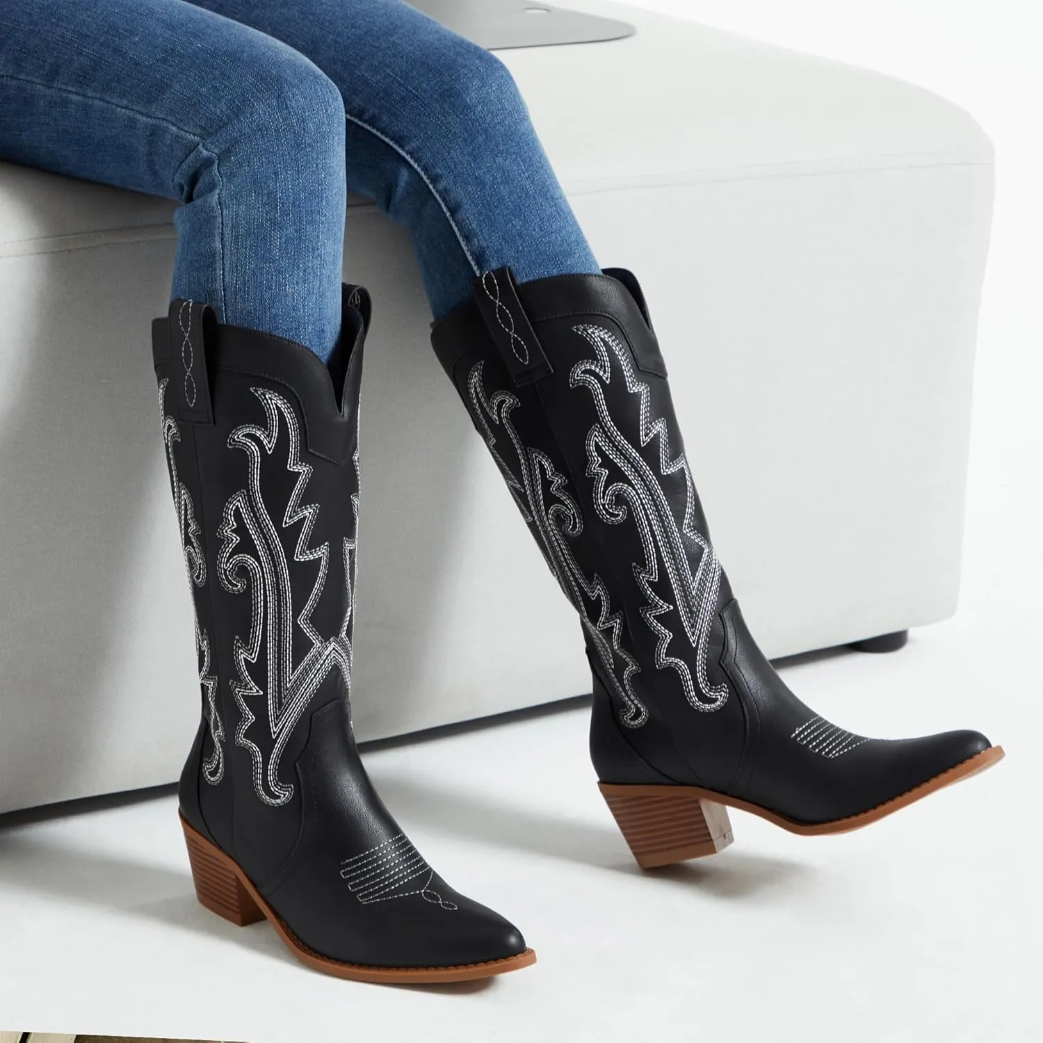 Athlefit Cowboy Boots for Women Western Cowgirl Boots Fashion Embroidered Pointed Toe Chunky Heel Mid Calf Boots