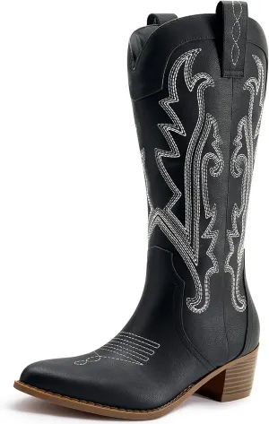 Athlefit Cowboy Boots for Women Western Cowgirl Boots Fashion Embroidered Pointed Toe Chunky Heel Mid Calf Boots