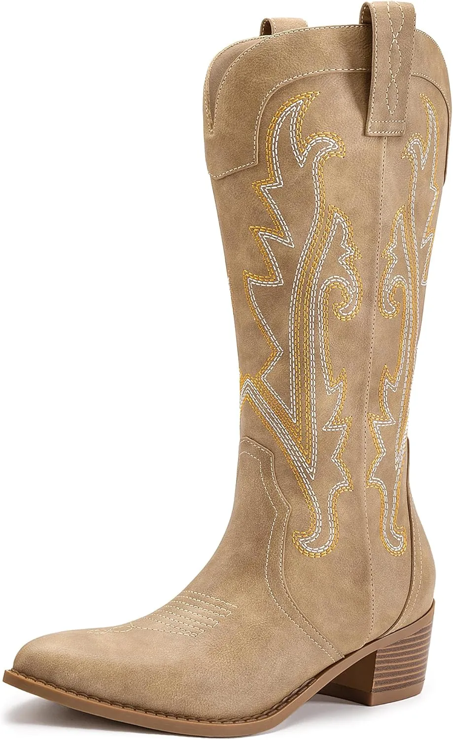 Athlefit Cowboy Boots for Women Western Cowgirl Boots Fashion Embroidered Pointed Toe Chunky Heel Mid Calf Boots