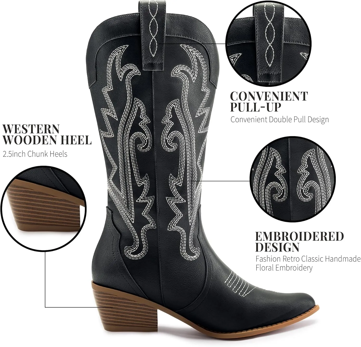 Athlefit Cowboy Boots for Women Western Cowgirl Boots Fashion Embroidered Pointed Toe Chunky Heel Mid Calf Boots
