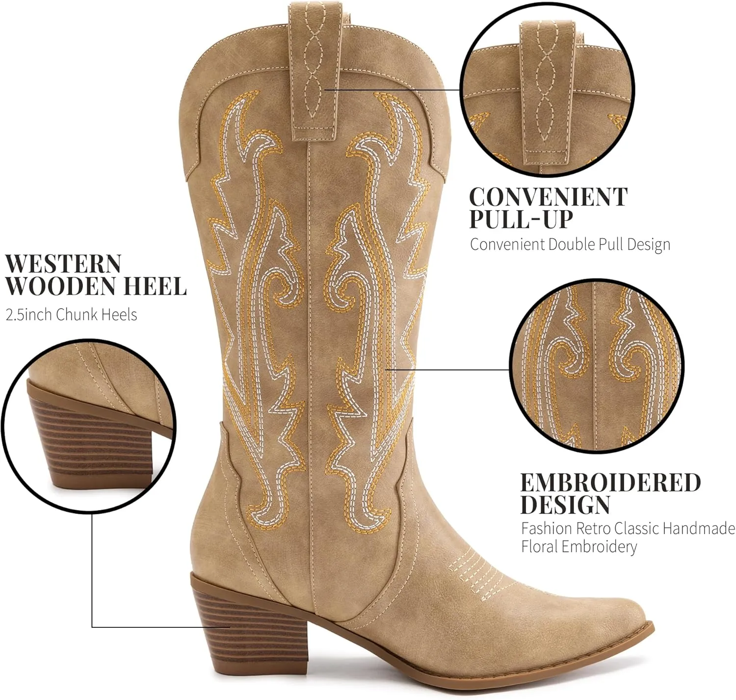 Athlefit Cowboy Boots for Women Western Cowgirl Boots Fashion Embroidered Pointed Toe Chunky Heel Mid Calf Boots