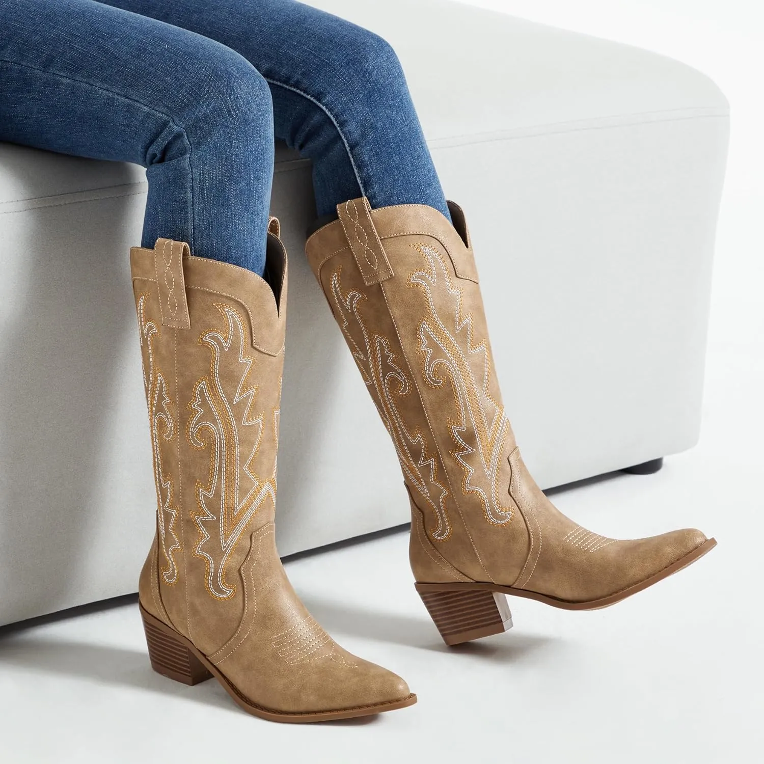 Athlefit Cowboy Boots for Women Western Cowgirl Boots Fashion Embroidered Pointed Toe Chunky Heel Mid Calf Boots