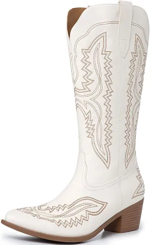 Athlefit White Cowgirl Boots Women Wide Calf Western Cowboy Boots Ladies Fashion Dress Slip On Pointed Toe Booties Size 7.5