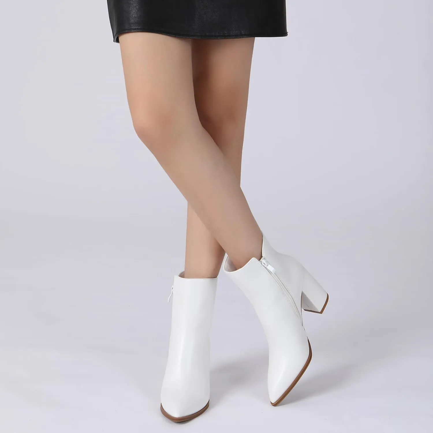 Athlefit Women's Heeled Ankle Boots Fashion Pointed Toe Chunky Block Heel Side Zipper Short Booties