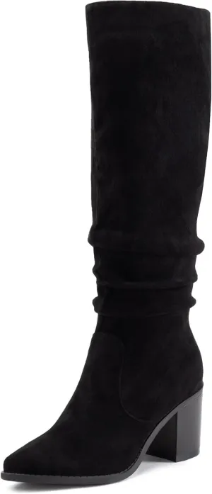 Athlefit Womens Knee High Chunky Heel Boots Faux Suede Pointed Toe Side Zipper Boots