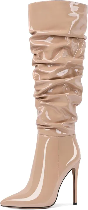 AUMOTED Knee High Boots for Women Stiletto Heel Womens Boots Side Zipper Slouchy High Boots for Women 4.7 Inch Heeled Boots
