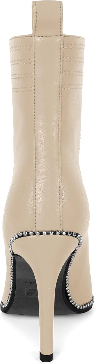 AUMOTED Women Fashion Pointed Toe Heel Boots Sexy Zip Ankle Stilettos Booties with Beaded Boots Party Dress Embroidery High Heels 3.7 Inch