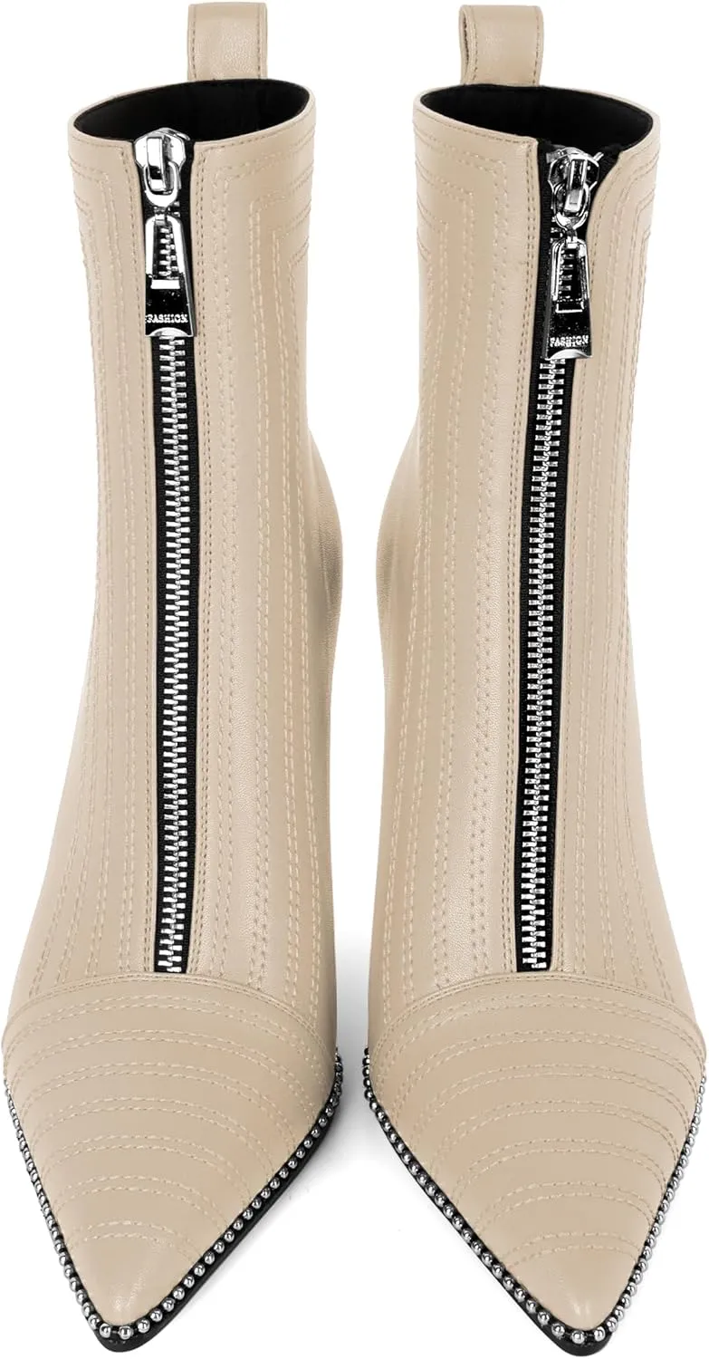 AUMOTED Women Fashion Pointed Toe Heel Boots Sexy Zip Ankle Stilettos Booties with Beaded Boots Party Dress Embroidery High Heels 3.7 Inch