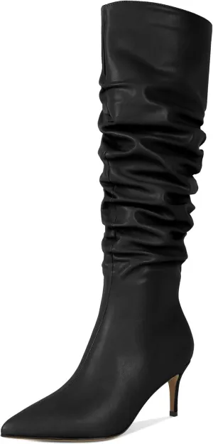 AUMOTED Womens Slouchy Knee High Boots Mid Calf Boots Kitten Heel Pointed Toe Pull On Long Boots Winter Shoes 2.5 Inch Heeled Boots