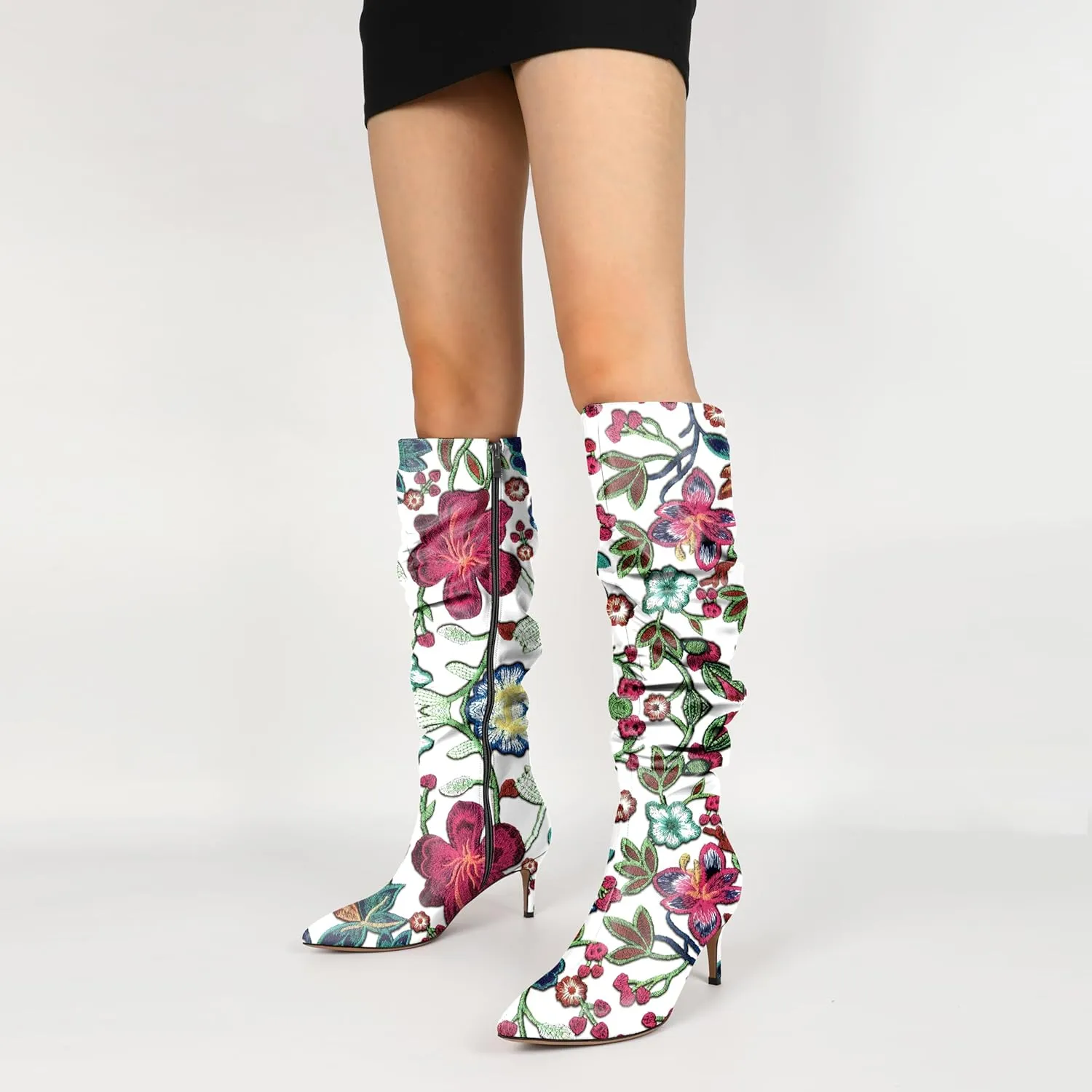 AUMOTED Womens Slouchy Knee High Boots Mid Calf Boots Kitten Heel Pointed Toe Pull On Long Boots Winter Shoes 2.5 Inch Heeled Boots