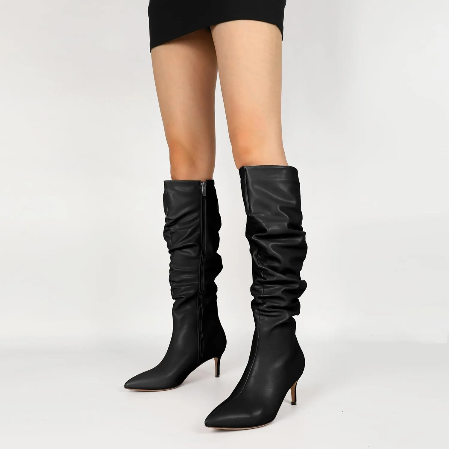 AUMOTED Womens Slouchy Knee High Boots Mid Calf Boots Kitten Heel Pointed Toe Pull On Long Boots Winter Shoes 2.5 Inch Heeled Boots