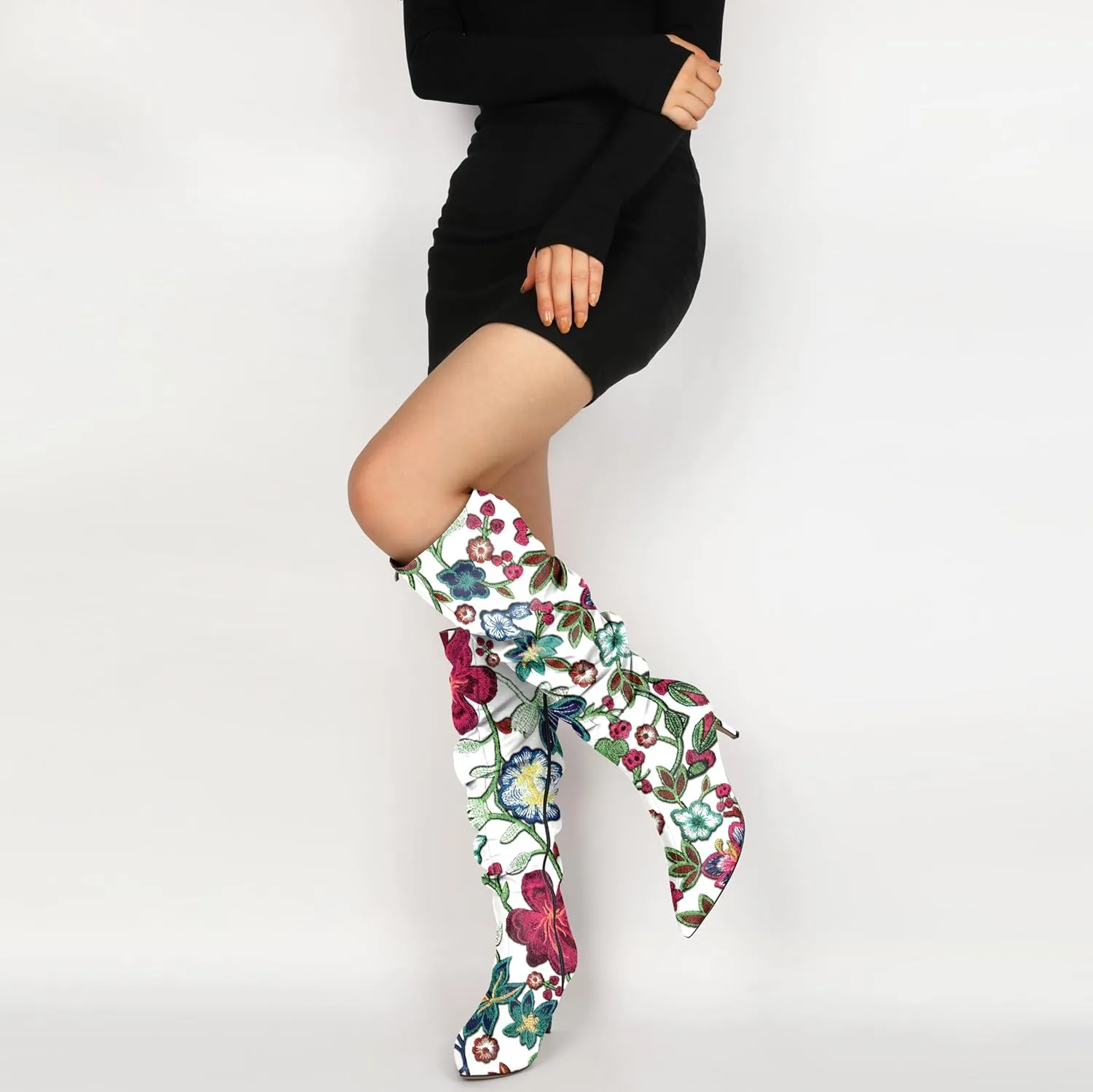 AUMOTED Womens Slouchy Knee High Boots Mid Calf Boots Kitten Heel Pointed Toe Pull On Long Boots Winter Shoes 2.5 Inch Heeled Boots