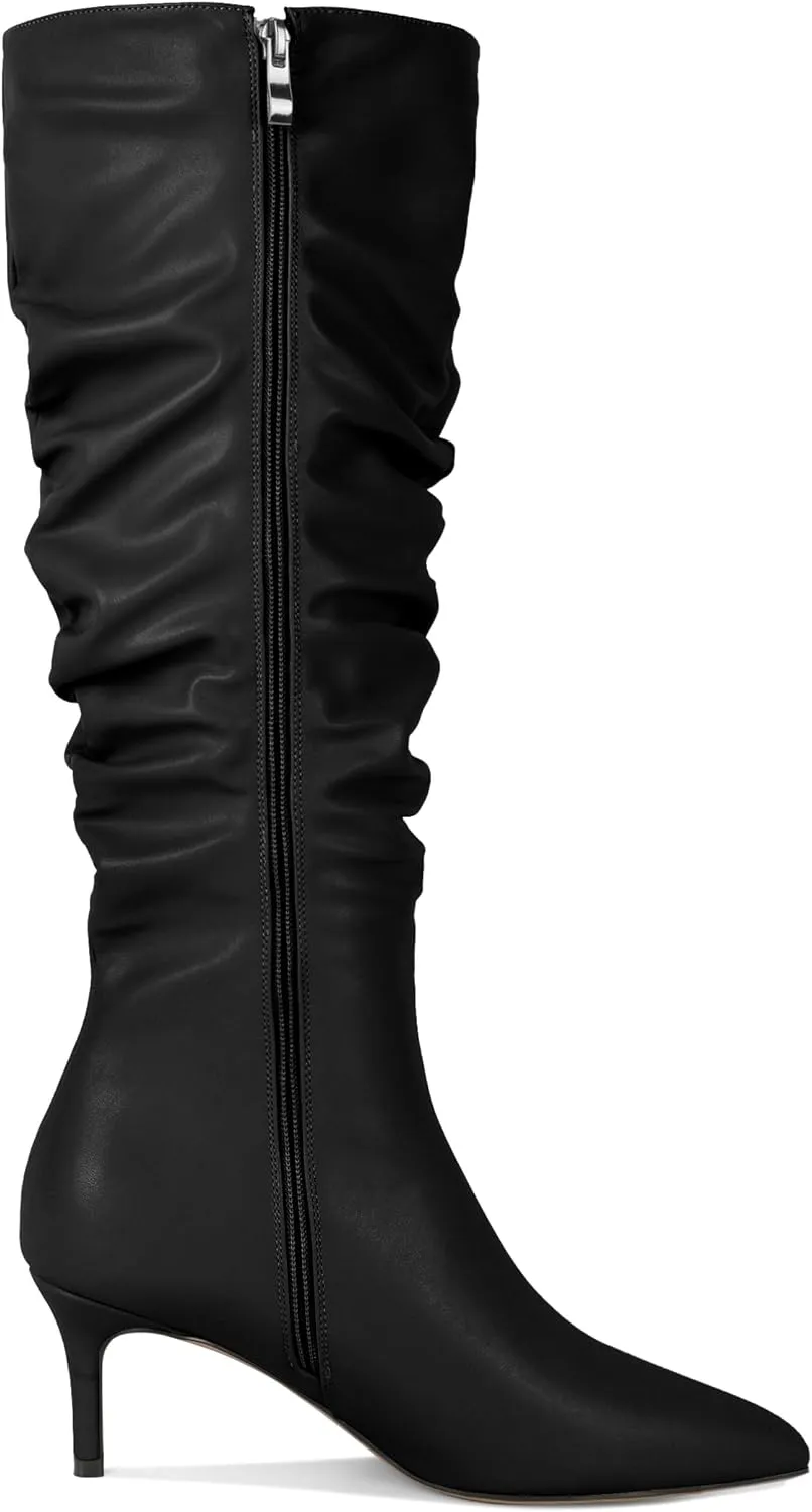 AUMOTED Womens Slouchy Knee High Boots Mid Calf Boots Kitten Heel Pointed Toe Pull On Long Boots Winter Shoes 2.5 Inch Heeled Boots