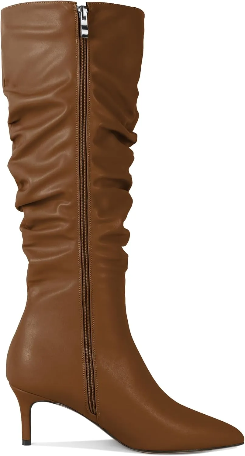 AUMOTED Womens Slouchy Knee High Boots Mid Calf Boots Kitten Heel Pointed Toe Pull On Long Boots Winter Shoes 2.5 Inch Heeled Boots