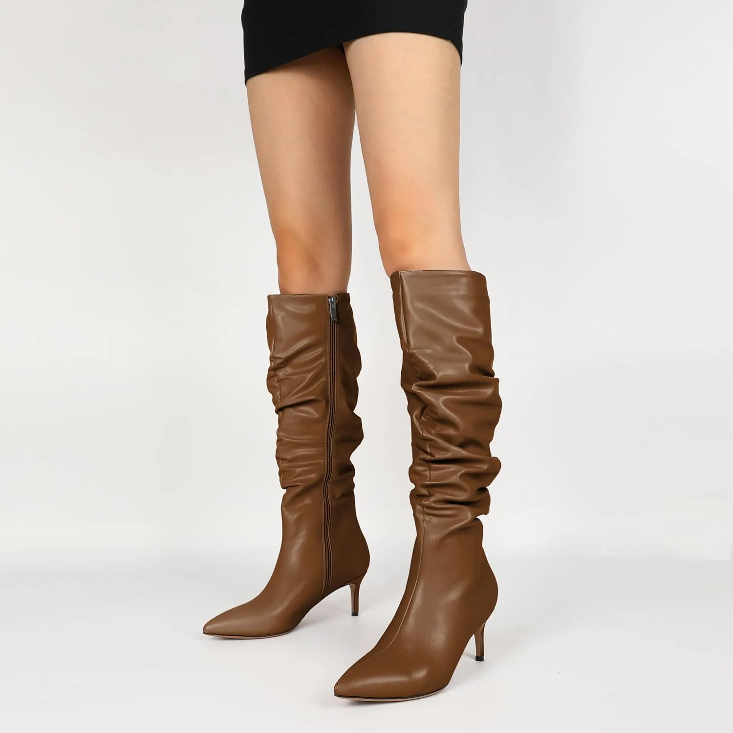 AUMOTED Womens Slouchy Knee High Boots Mid Calf Boots Kitten Heel Pointed Toe Pull On Long Boots Winter Shoes 2.5 Inch Heeled Boots