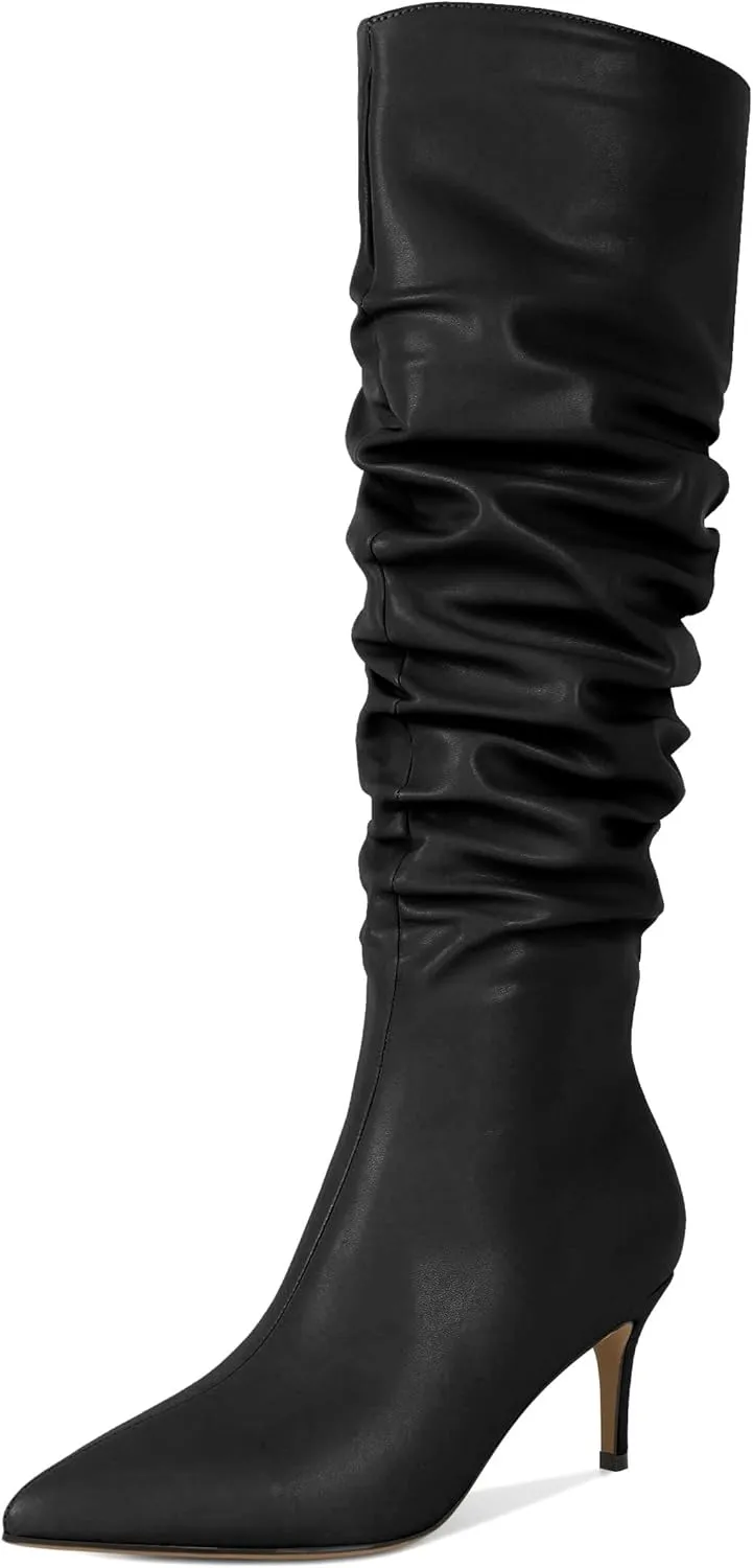 AUMOTED Womens Slouchy Knee High Boots Mid Calf Boots Kitten Heel Pointed Toe Pull On Long Boots Winter Shoes 2.5 Inch Heeled Boots