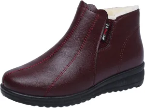 AUNTHUI Women'S Leather Fleece Wedge Cotton Ankle Boots,Side Zipper Warm Comfortable Mama Shoes,Waterproof Non-Slip Snow Boots