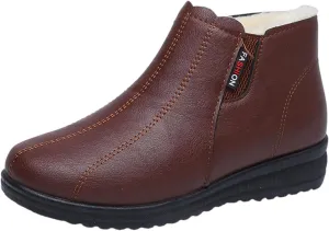 AUNTHUI Women'S Leather Fleece Wedge Cotton Ankle Boots,Side Zipper Warm Comfortable Mama Shoes,Waterproof Non-Slip Snow Boots