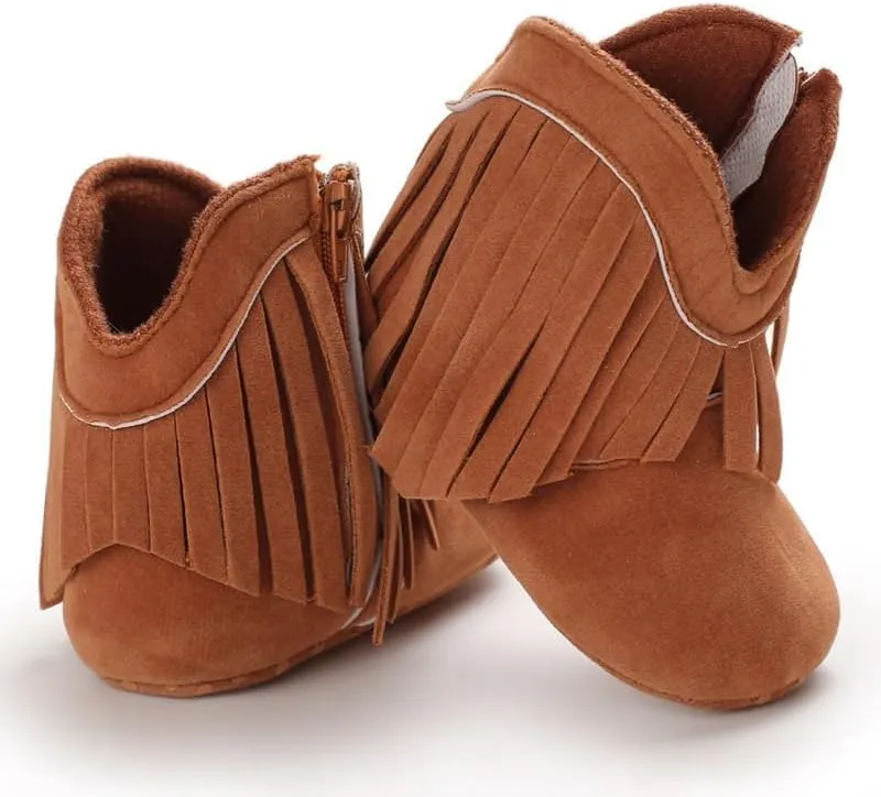 Baby Girls Cowboy Tassel Boots Zipper Moccasins Non Slip Infant Booties Suede Toddler First Walker Shoes