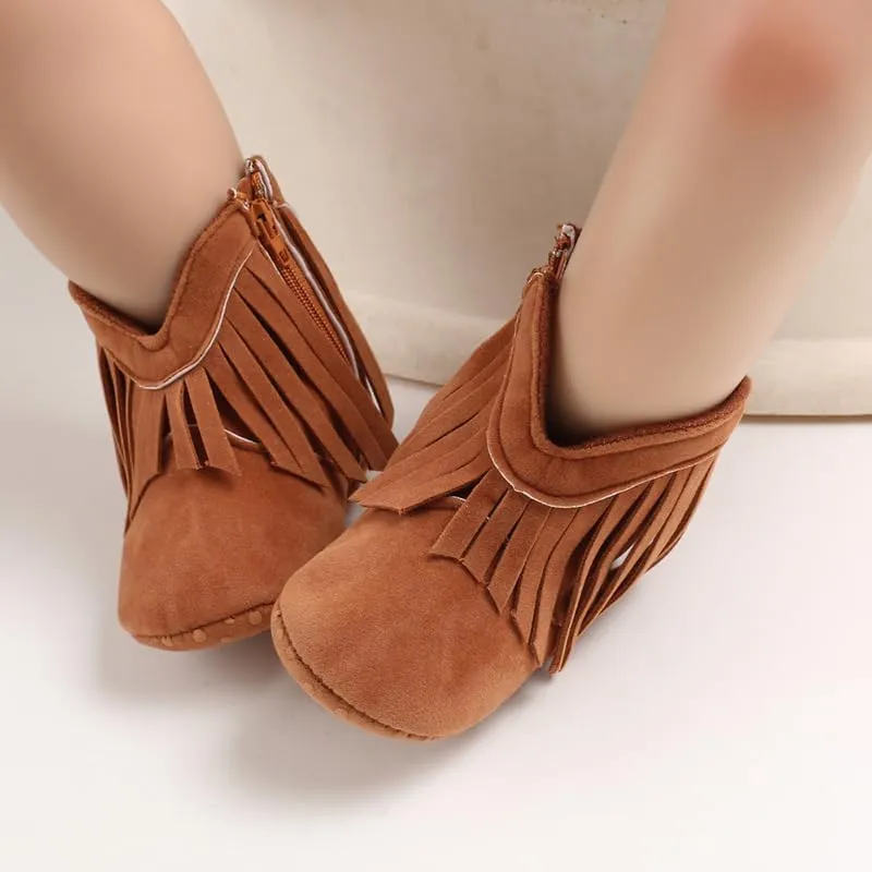 Baby Girls Cowboy Tassel Boots Zipper Moccasins Non Slip Infant Booties Suede Toddler First Walker Shoes