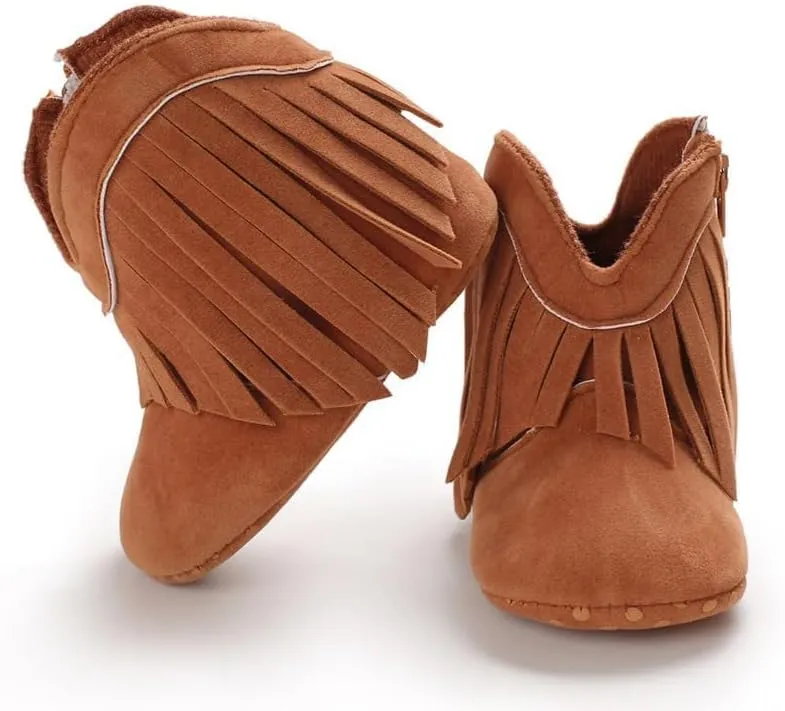 Baby Girls Cowboy Tassel Boots Zipper Moccasins Non Slip Infant Booties Suede Toddler First Walker Shoes