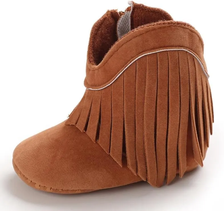 Baby Girls Cowboy Tassel Boots Zipper Moccasins Non Slip Infant Booties Suede Toddler First Walker Shoes