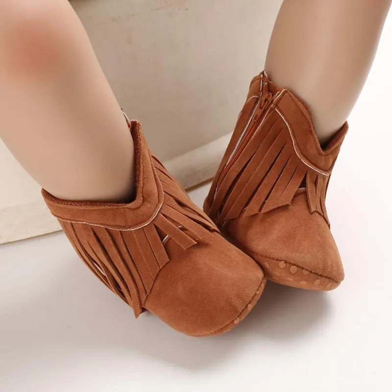 Baby Girls Cowboy Tassel Boots Zipper Moccasins Non Slip Infant Booties Suede Toddler First Walker Shoes