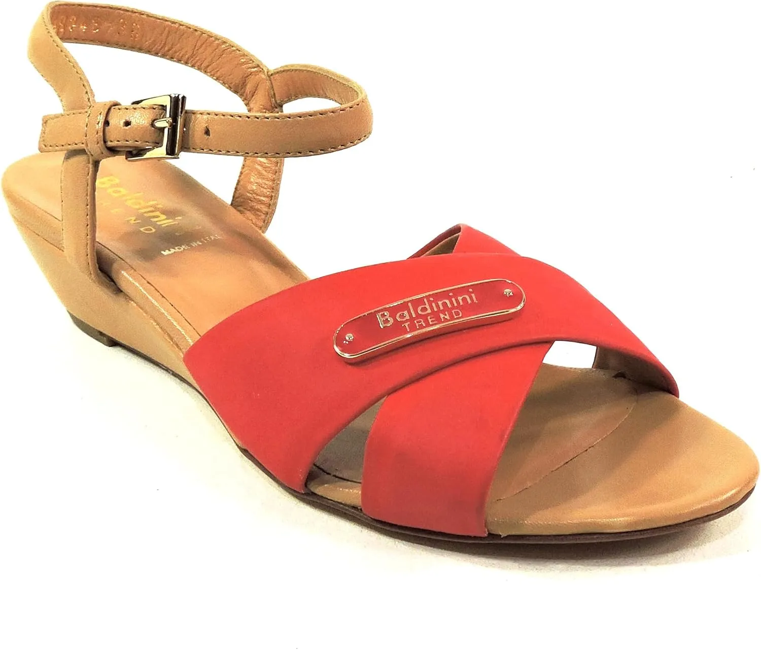 Baldinini Women's Leather Sandals, Red Cross-Strap Comfort Wedge, Italian Made Summer Shoes