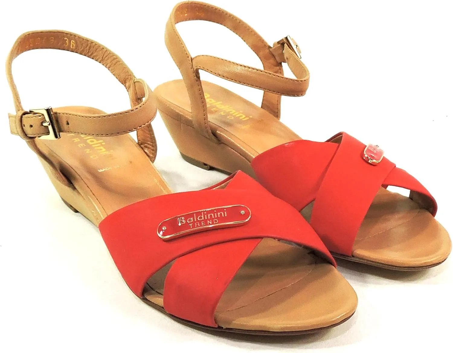 Baldinini Women's Leather Sandals, Red Cross-Strap Comfort Wedge, Italian Made Summer Shoes
