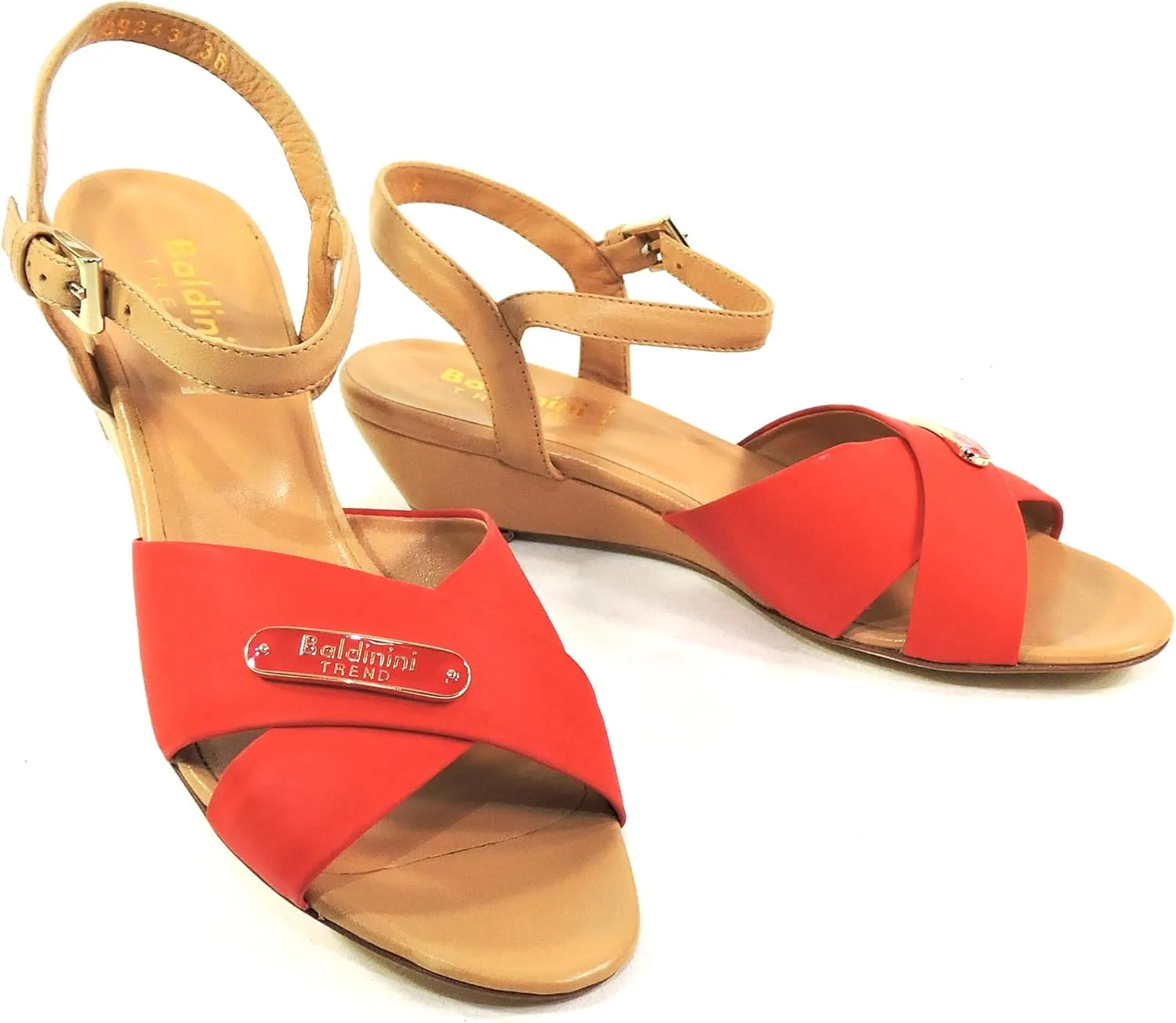 Baldinini Women's Leather Sandals, Red Cross-Strap Comfort Wedge, Italian Made Summer Shoes