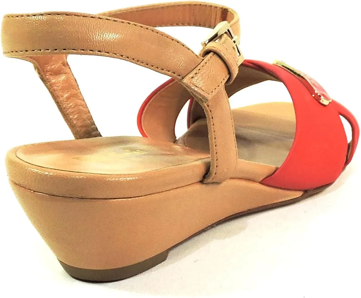Baldinini Women's Leather Sandals, Red Cross-Strap Comfort Wedge, Italian Made Summer Shoes