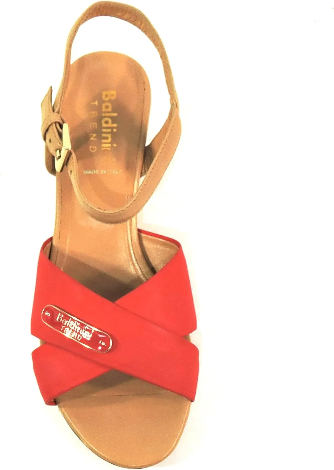 Baldinini Women's Leather Sandals, Red Cross-Strap Comfort Wedge, Italian Made Summer Shoes