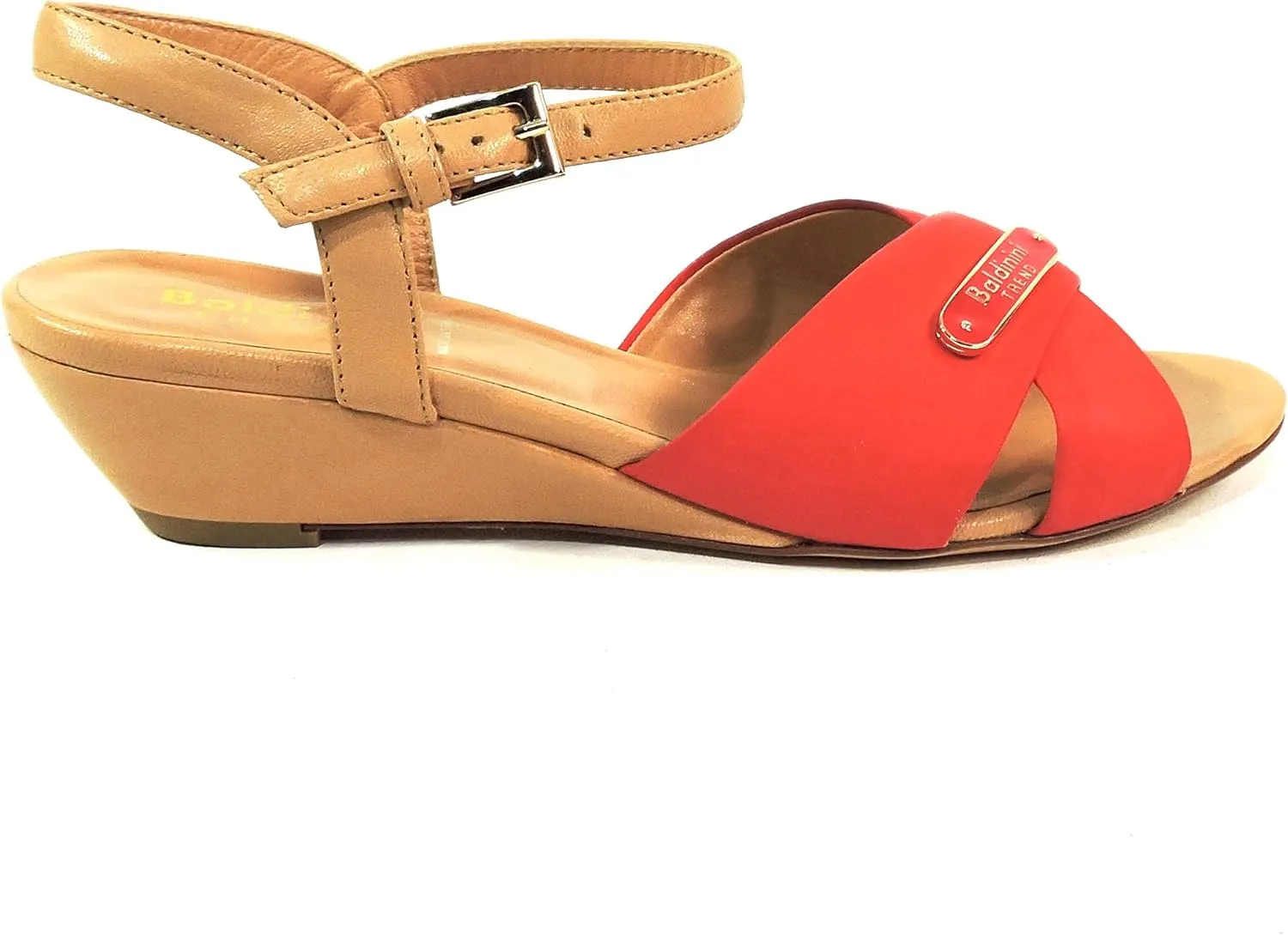 Baldinini Women's Leather Sandals, Red Cross-Strap Comfort Wedge, Italian Made Summer Shoes