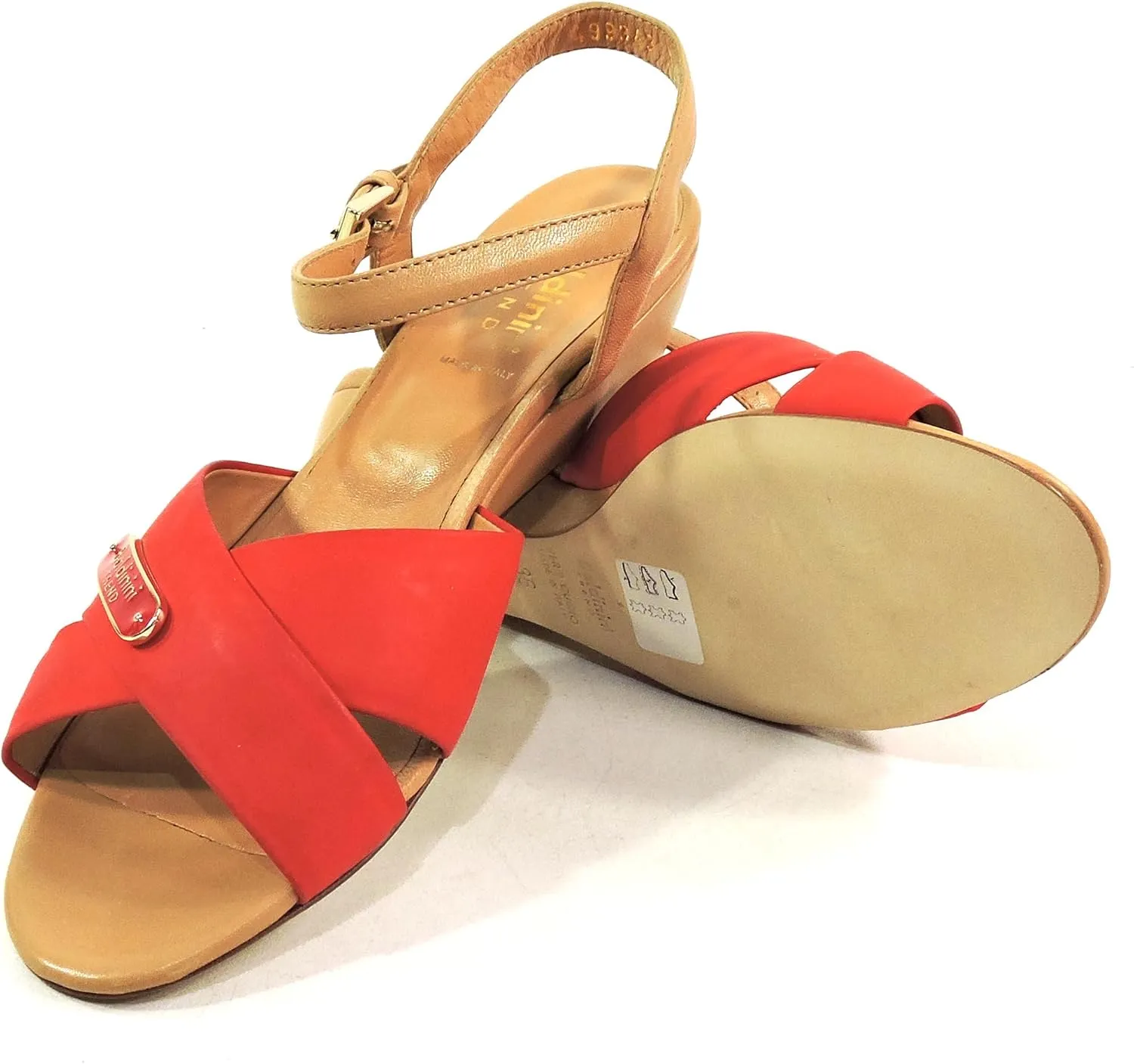 Baldinini Women's Leather Sandals, Red Cross-Strap Comfort Wedge, Italian Made Summer Shoes