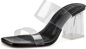 BCTEX COLL Women's Clear Heeled Sandals Transparent Two Strap Square Toe Slip On Chunky Block Heels Dress Shoes, Beige, Black, Nude, Rose Gold