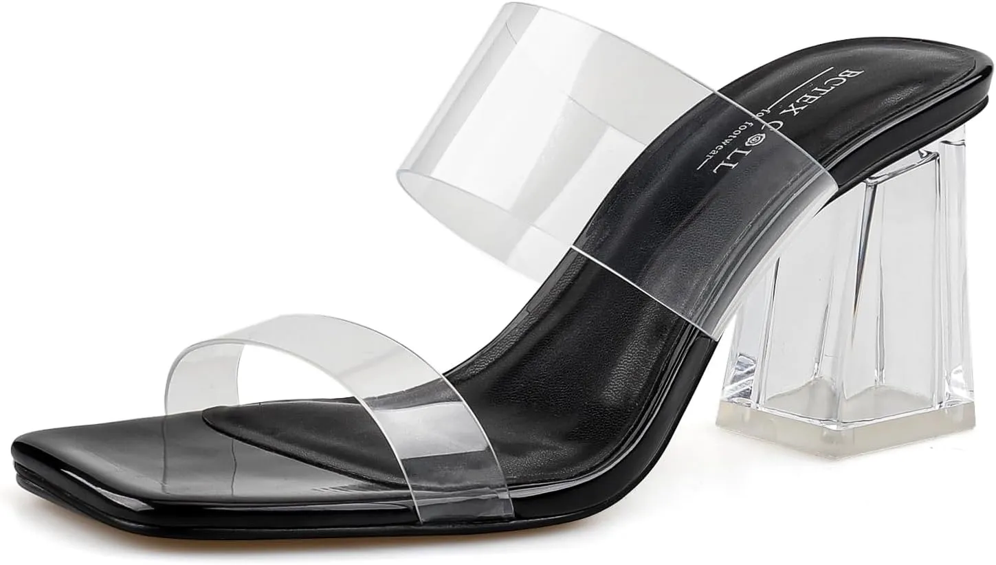 BCTEX COLL Women's Clear Heeled Sandals Transparent Two Strap Square Toe Slip On Chunky Block Heels Dress Shoes, Beige, Black, Nude, Rose Gold
