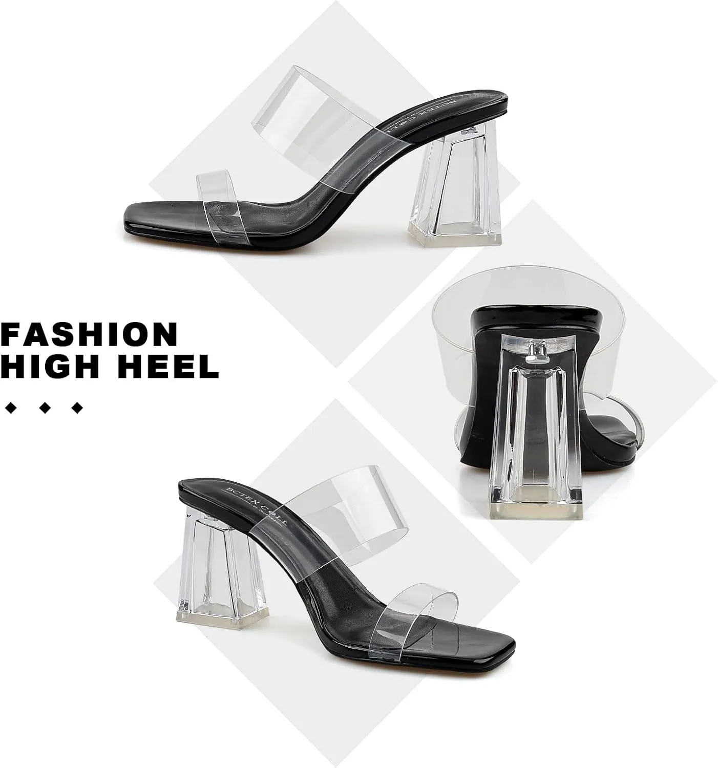 BCTEX COLL Women's Clear Heeled Sandals Transparent Two Strap Square Toe Slip On Chunky Block Heels Dress Shoes, Beige, Black, Nude, Rose Gold