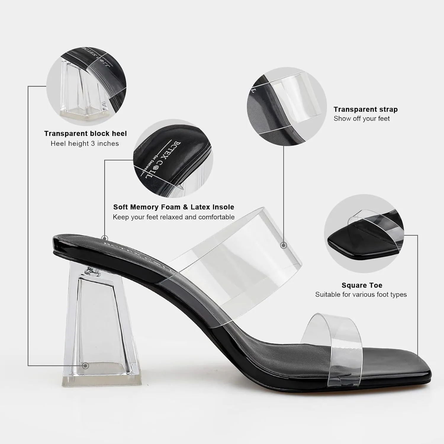 BCTEX COLL Women's Clear Heeled Sandals Transparent Two Strap Square Toe Slip On Chunky Block Heels Dress Shoes, Beige, Black, Nude, Rose Gold